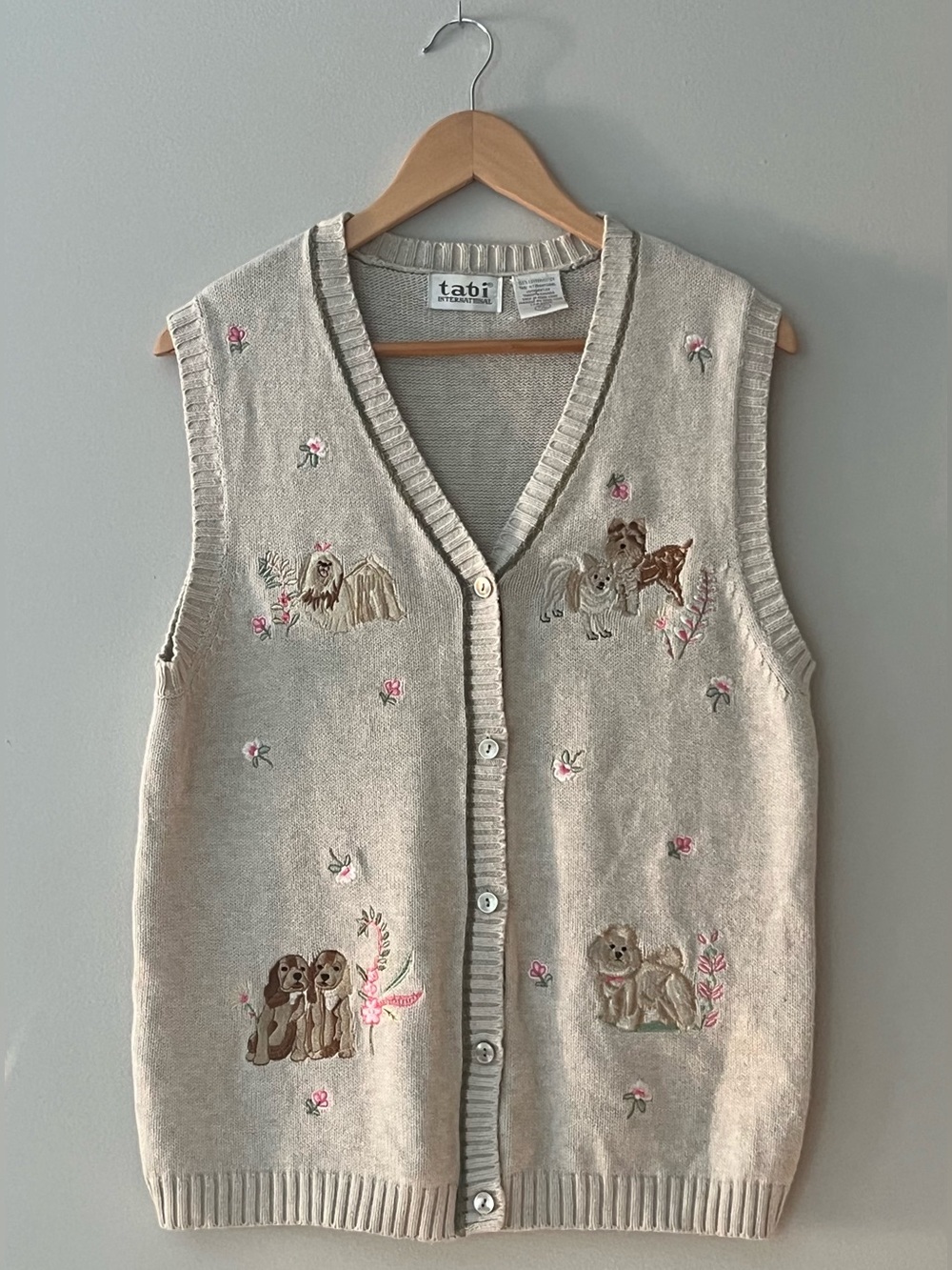 Vintage Tabi Cottagecore Embroidered Dog Cotton Sweater Vest M